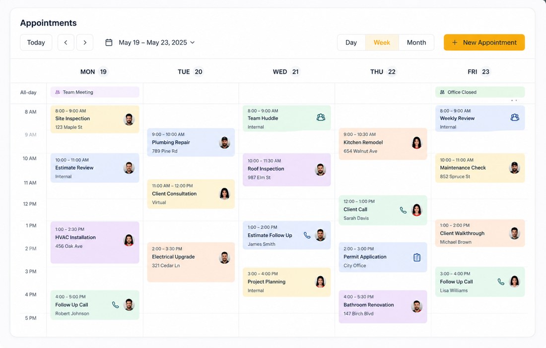 Weekly appointment calendar — jobs and crew by day