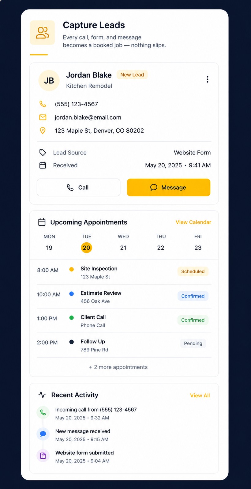 Capture leads — lead detail, upcoming appointments, and recent activity