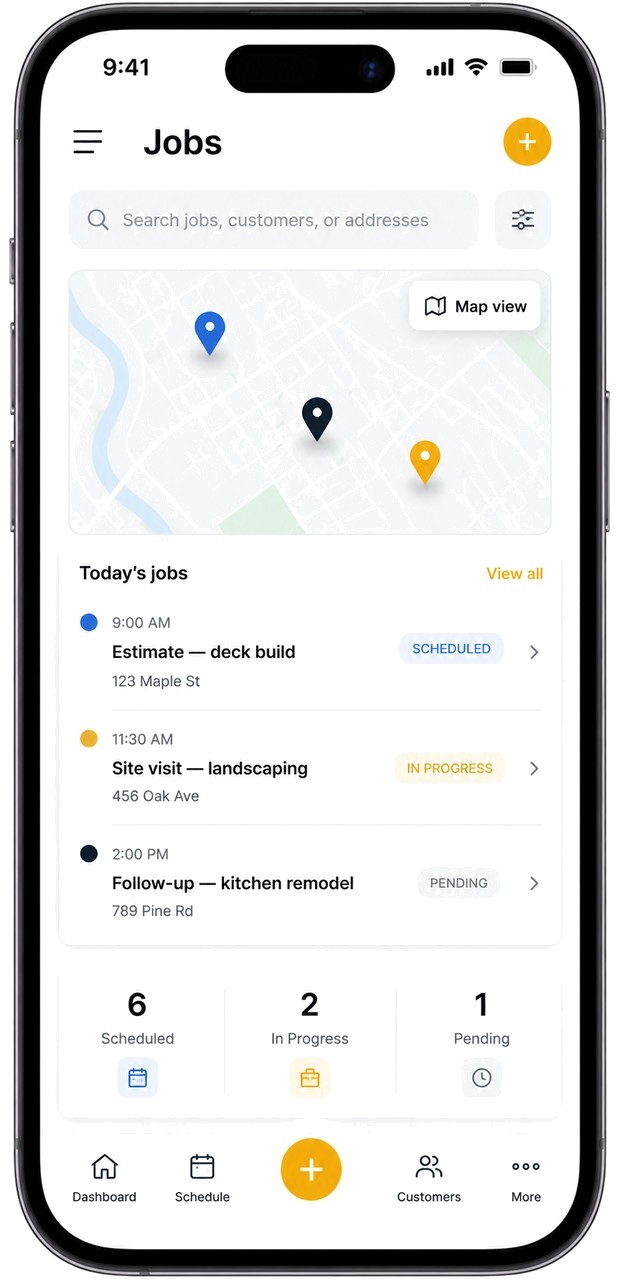 DayBook mobile app — today's jobs, map, and status counts